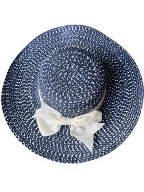 Wide-brim floppy straw sun hat navy blue white woven creamy white bow Derby OS